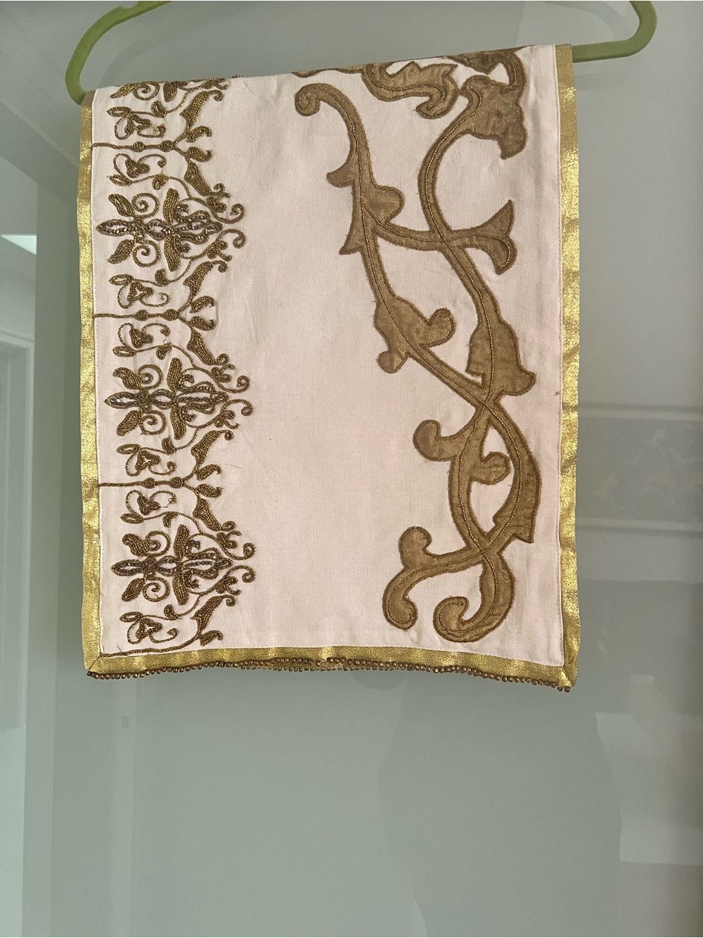 Pier 1 White Cotton Decorative Table Runner with Gold Print
